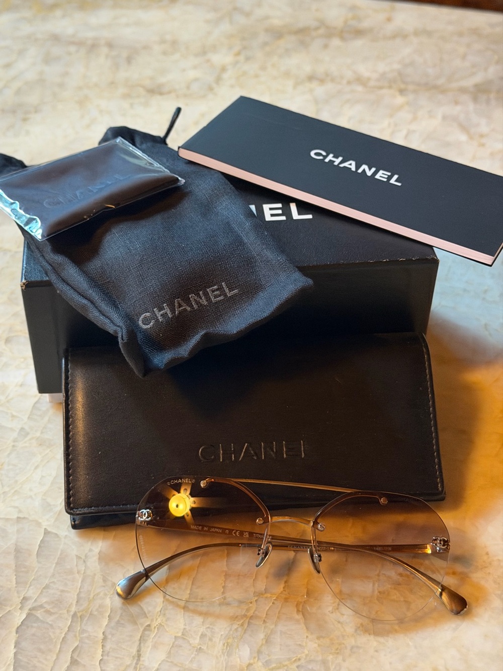 Chanel-titanium Pilot Sunglasses with case cleaning cloth, box
